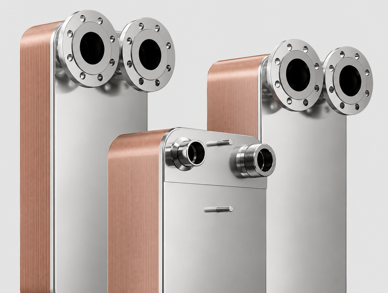 Image needed: Copper brazed plate heat exchangers of several plate counts